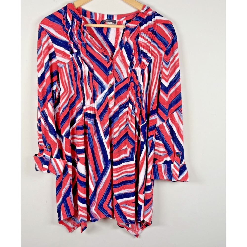 Cocomo Popover‎ Top Red Blue Geometric Artsy Liquid Knit Pleated Roll Tab Office